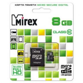 MicroSDHC 8Gb MIREX (Class 10), с адаптером